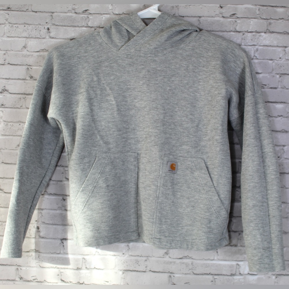 Carhartt Girls XS (7) Waffle Thermal Hoodie long sleeve Silver Shirt Sweater